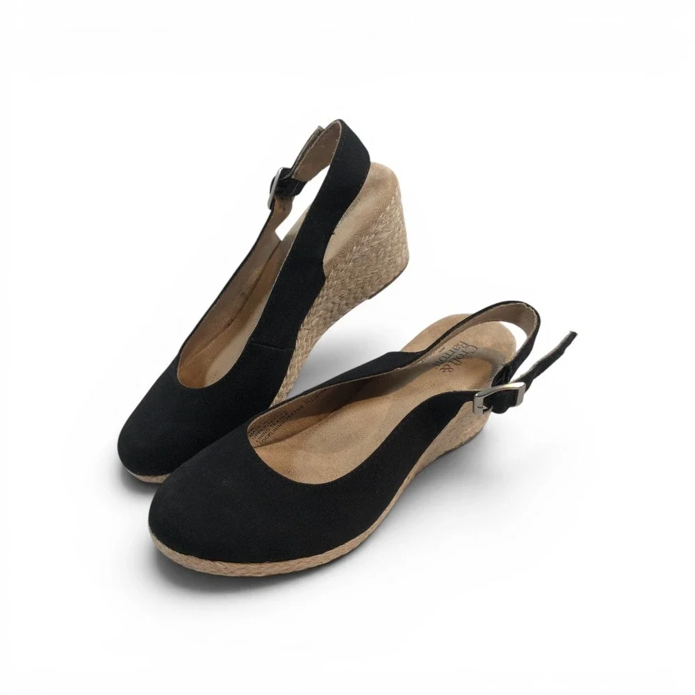 Croft & Barrow Black Espadrille Wedge‎ Sandals Slingback Tecomfort Womens 8.5 M